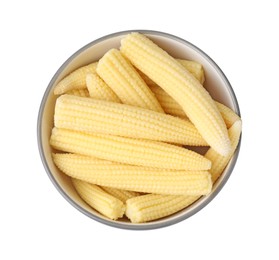 Photo of Tasty fresh yellow baby corn in bowl isolated on white, top view