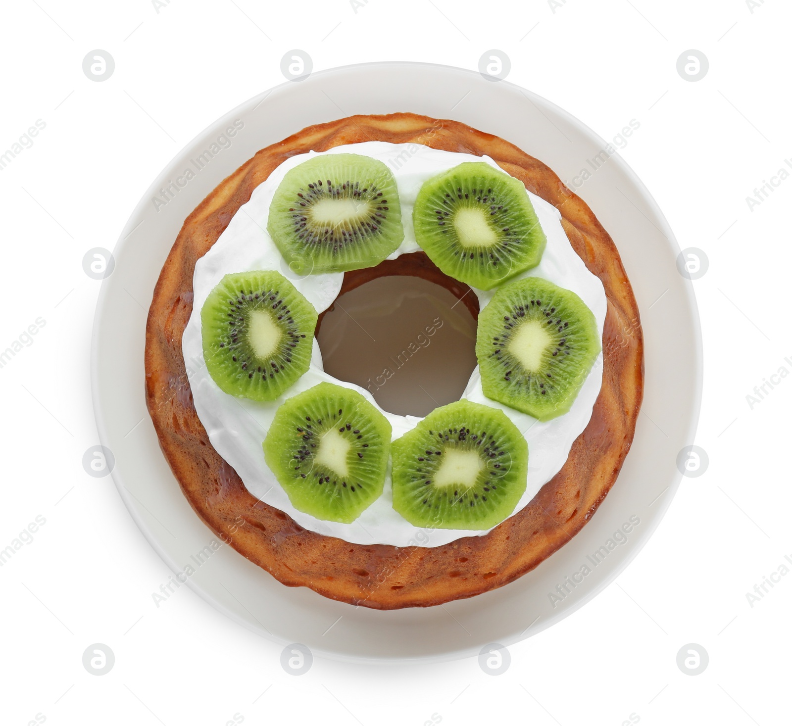 Photo of Homemade yogurt cake with kiwi and cream on white background, top view