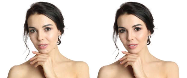 Image of Photo before and after retouch, collage. Portrait of beautiful young woman on white background, banner design
