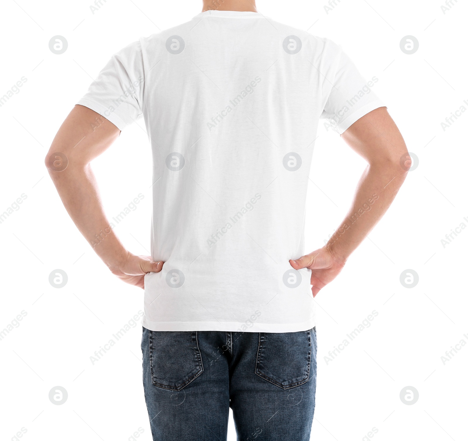 Photo of Young man on white background, closeup. Weight loss