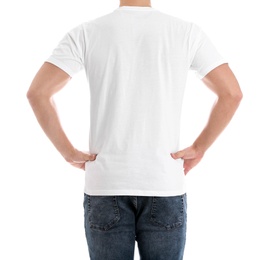 Young man on white background, closeup. Weight loss