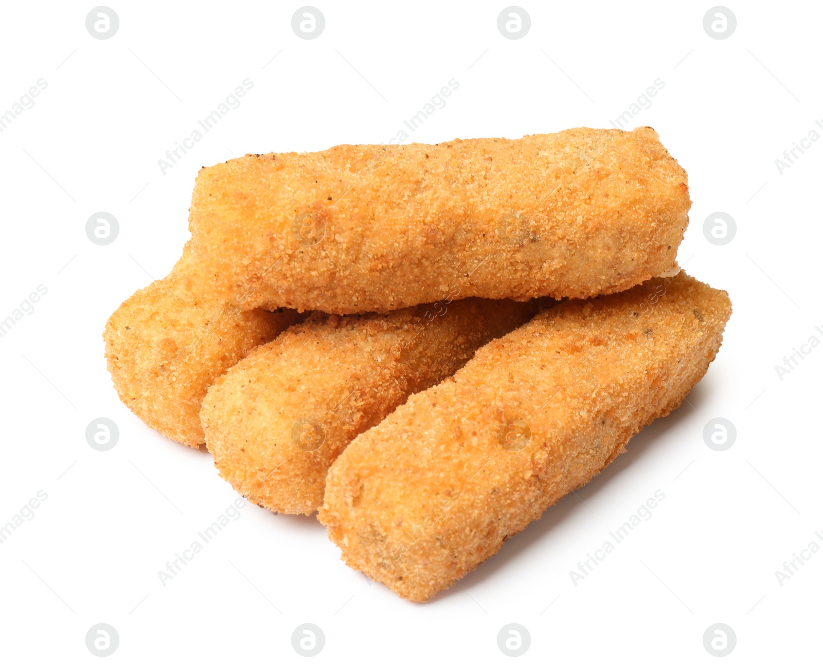 Photo of Tasty crispy cheese sticks on white background