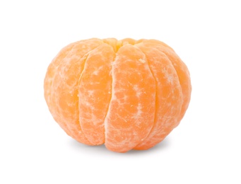 Photo of Peeled fresh ripe tangerine on white background