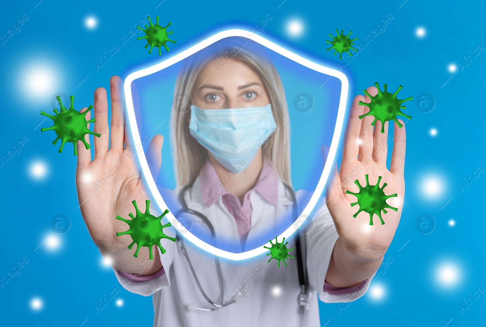 Image of Immunologist and shield with cross as symbol of virus protection on light blue background