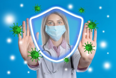 Immunologist and shield with cross as symbol of virus protection on light blue background