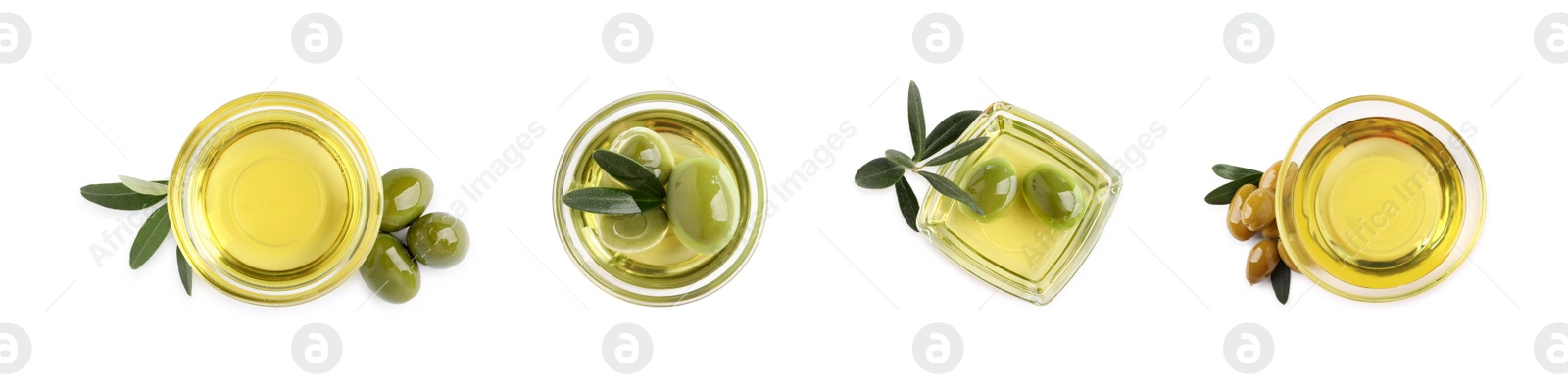 Image of Set with oil, ripe olives and leaves on white background, top view. Banner design