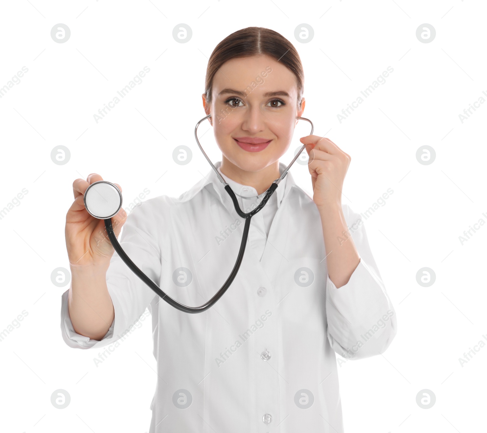 Photo of Portrait of doctor with stethoscope on white background