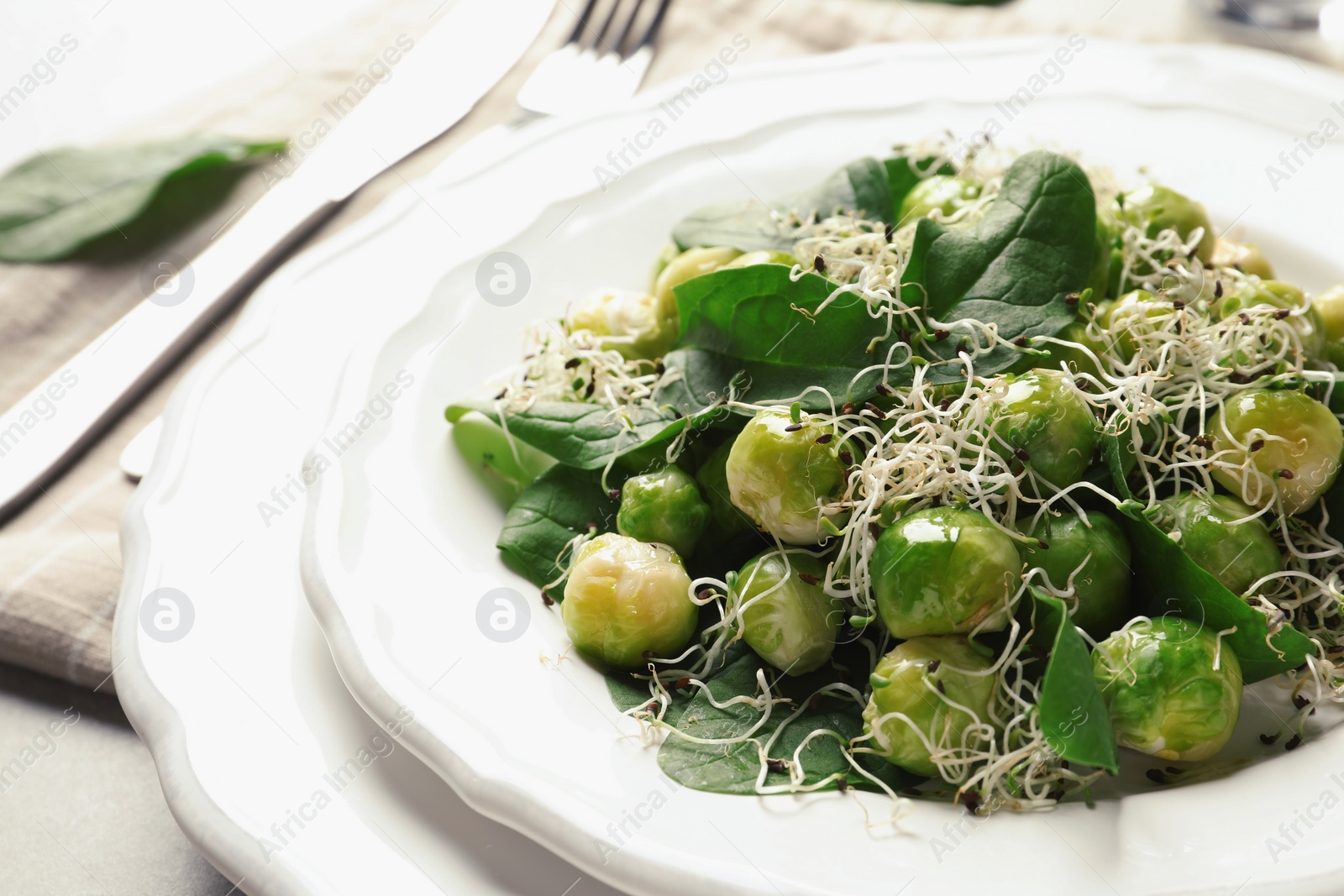 Photo of Plate of delicious salad with Brussels sprouts on table