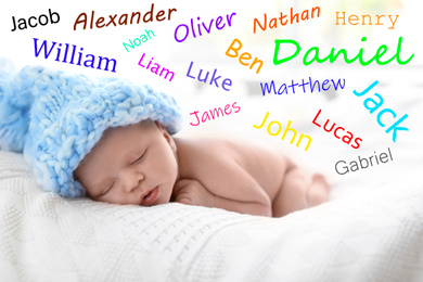 Choosing name for baby boy. Adorable newborn sleeping on bed