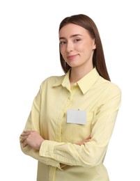 Woman with blank badge on white background