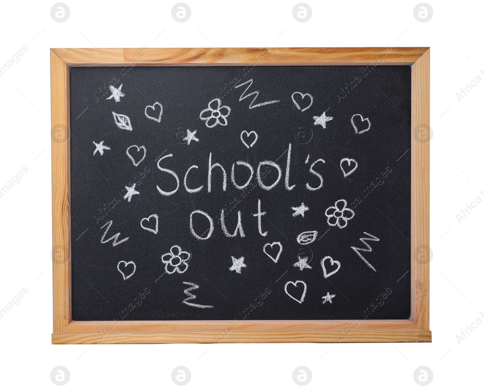 Photo of Blackboard with words School's Out and pictures isolated on white. Summer holidays