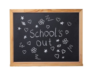 Photo of Blackboard with words School's Out and pictures isolated on white. Summer holidays