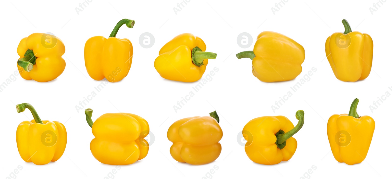 Image of Set of ripe yellow bell peppers on white background