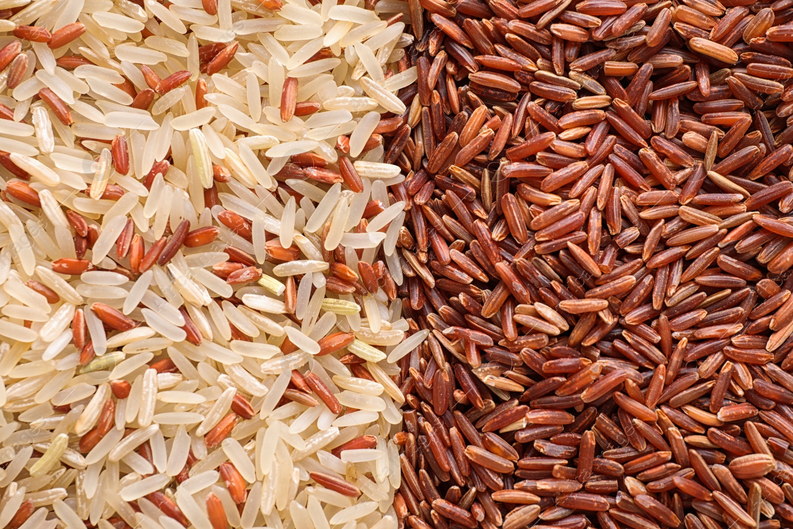 Photo of Mix of different brown rice as background, top view