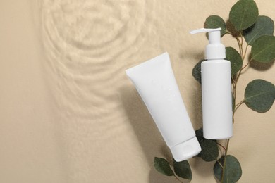 Photo of Eucalyptus leaves and face cleansing products in water against beige background, flat lay. Space for text