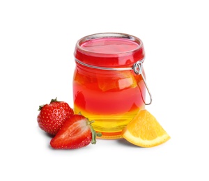 Photo of Tasty layered jelly dessert in glass and ingredients on white background