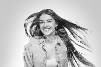 Image of Double exposure of woman and trees on grey background, black and white effect