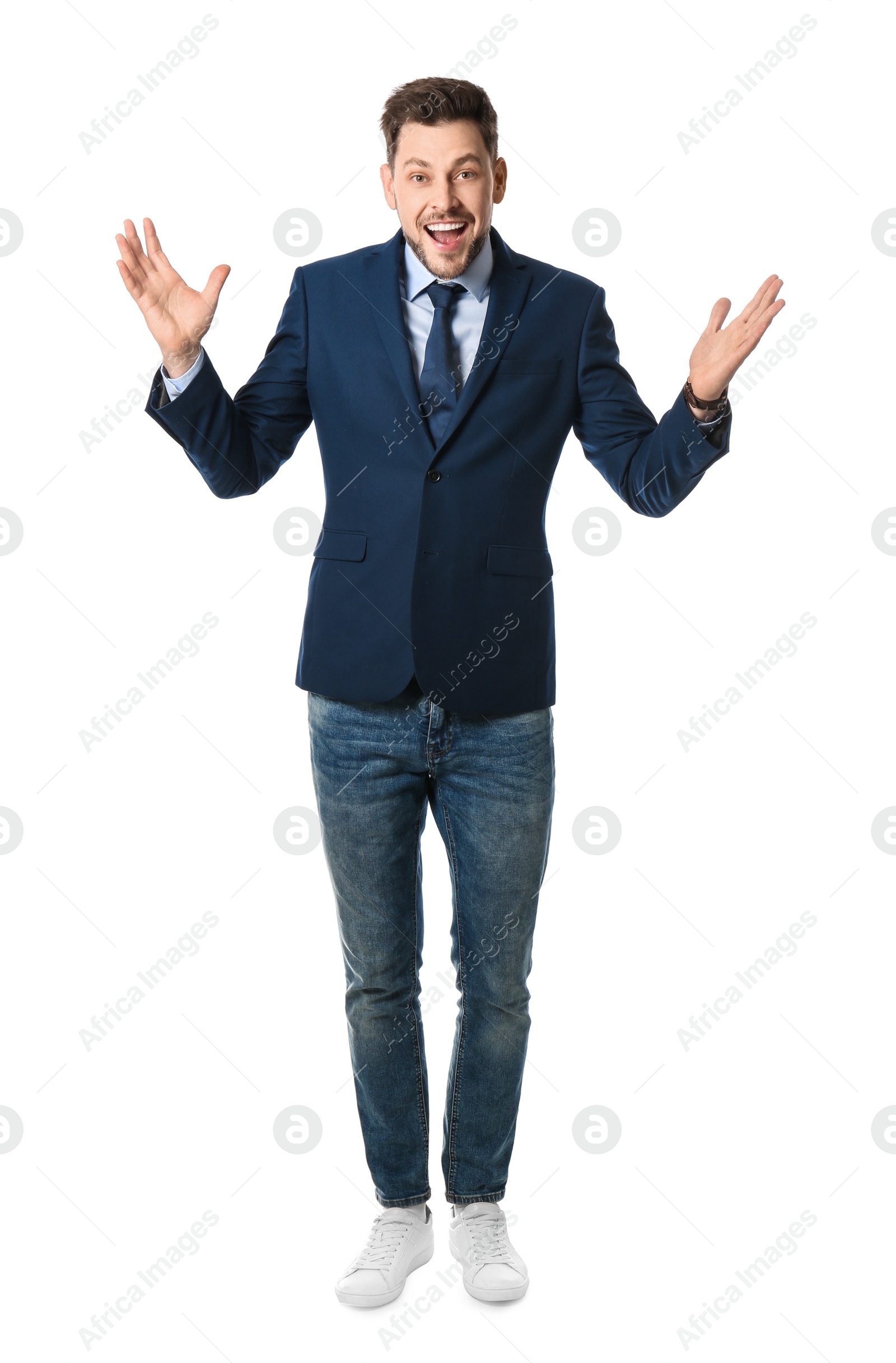 Photo of Full length portrait of emotional businessman on white background