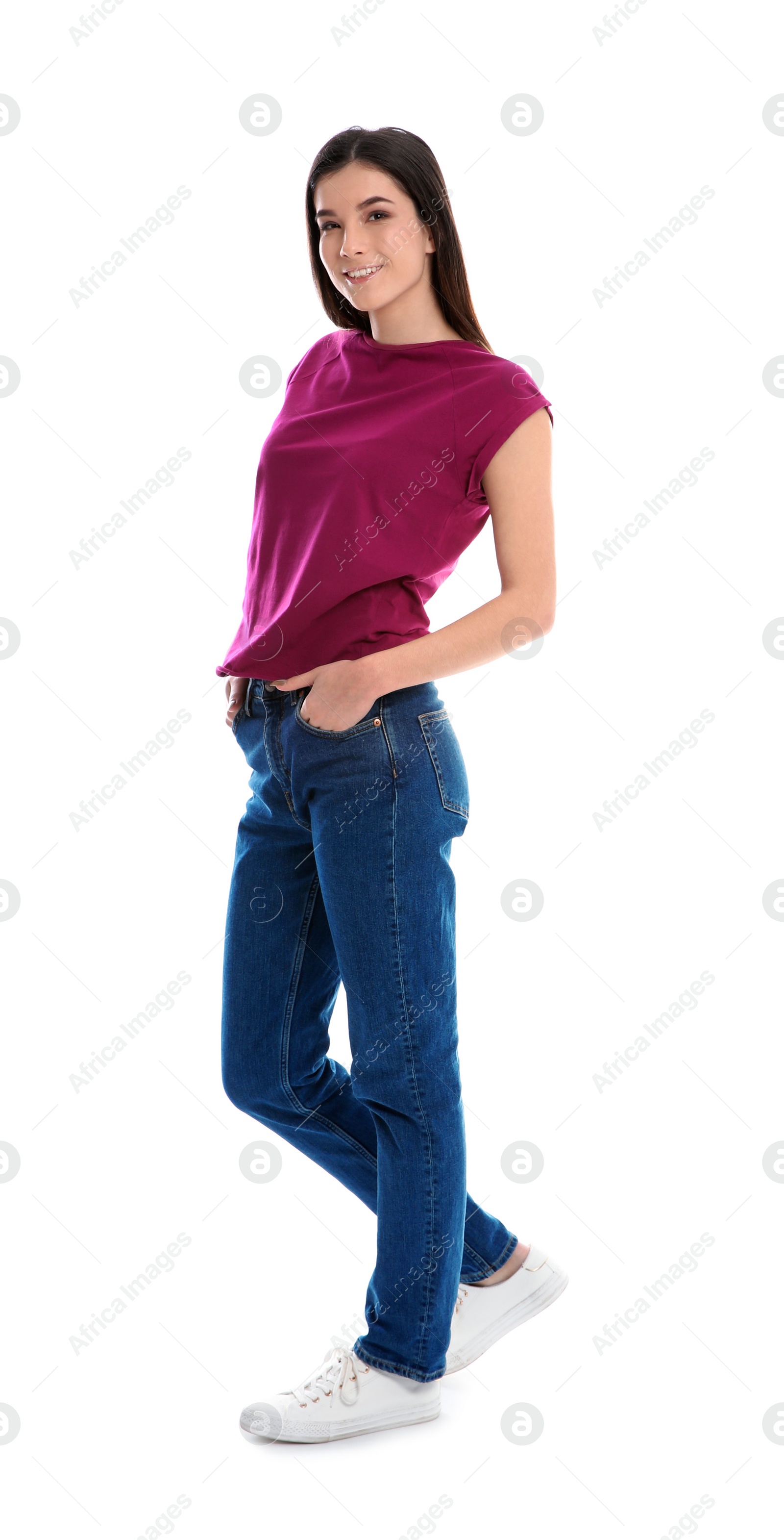 Photo of Beautiful young woman in stylish clothes on white background