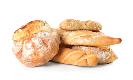 Different kinds of bread on white background