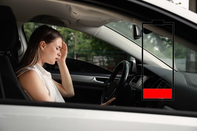 Image of Illustration of discharged battery and tired woman in car. Extreme fatigue