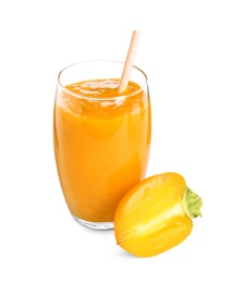 Photo of Tasty persimmon smoothie with straw and fresh fruit isolated on white