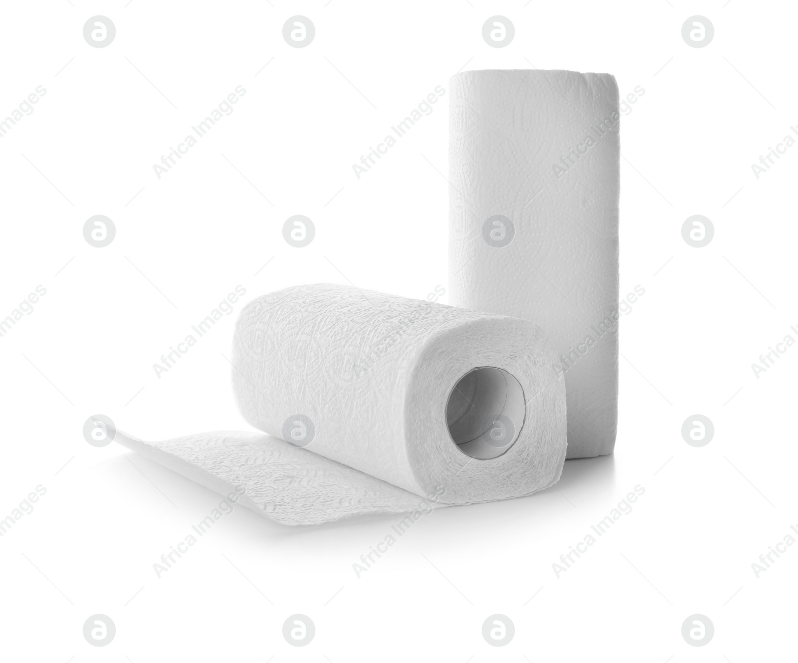 Photo of Rolls of paper towels on white background