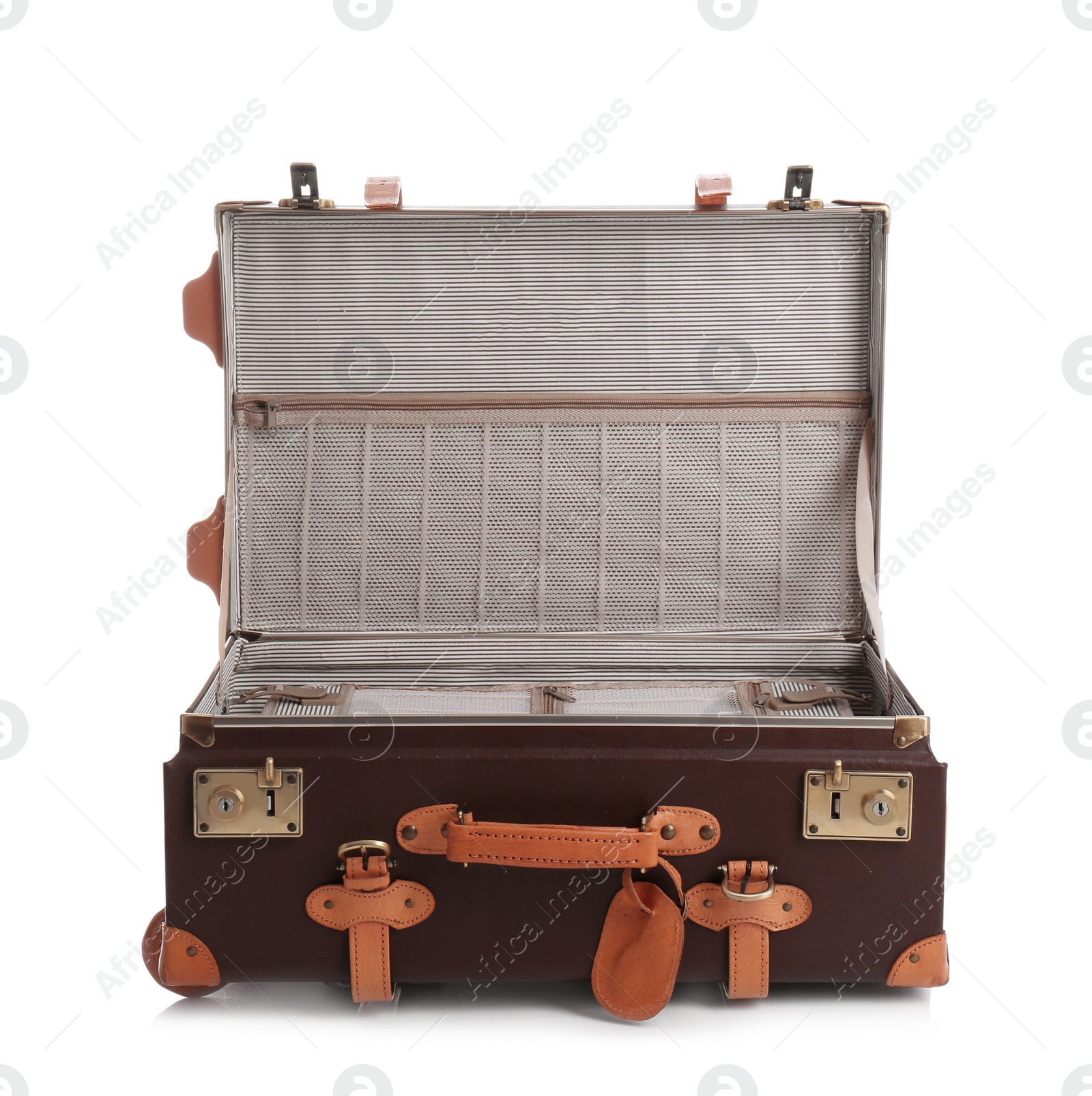 Photo of Open suitcase for travelling on white background