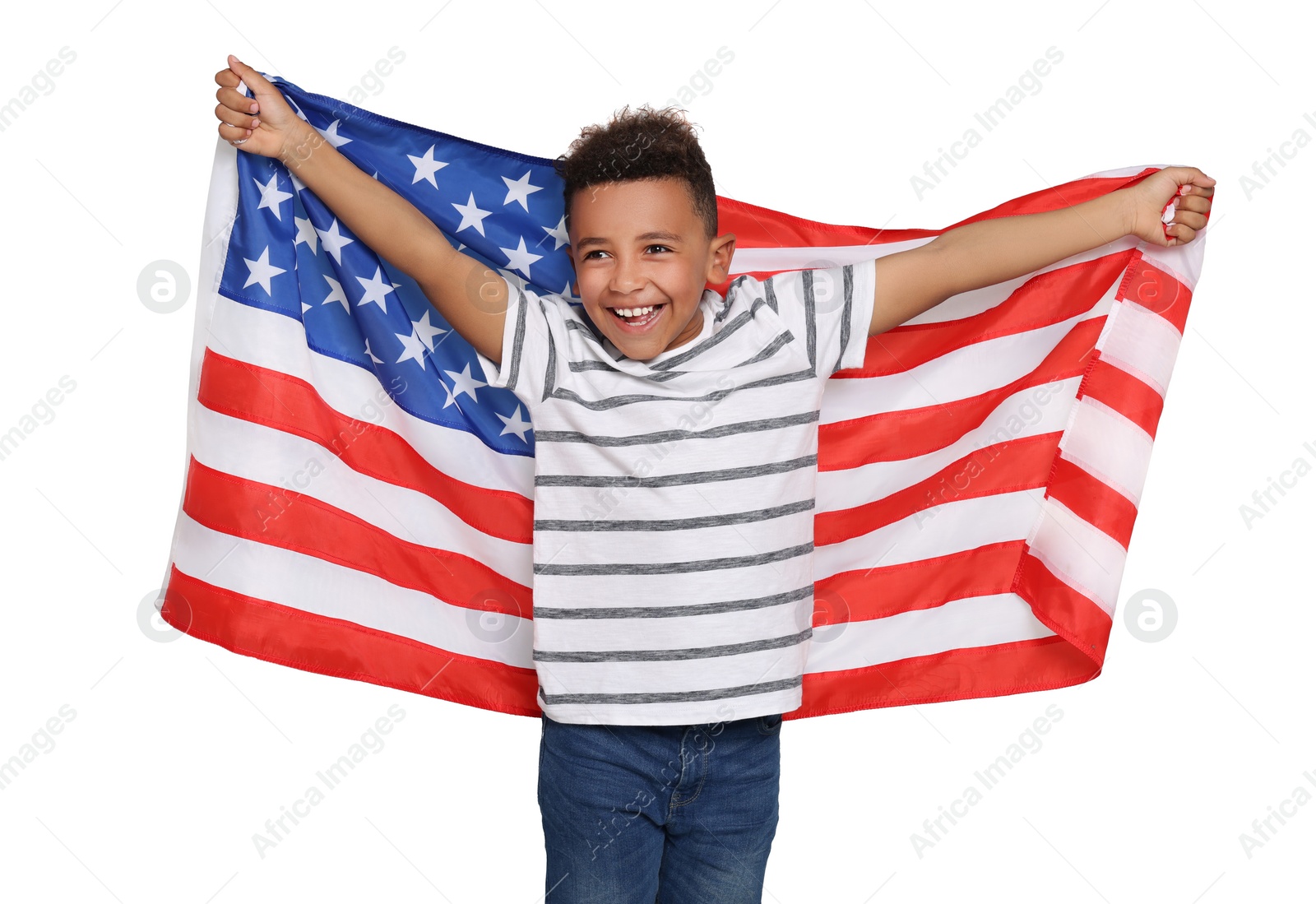 Image of 4th of July - Independence day of America. Happy kid with national flag of United States on white background