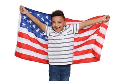 Image of 4th of July - Independence day of America. Happy kid with national flag of United States on white background