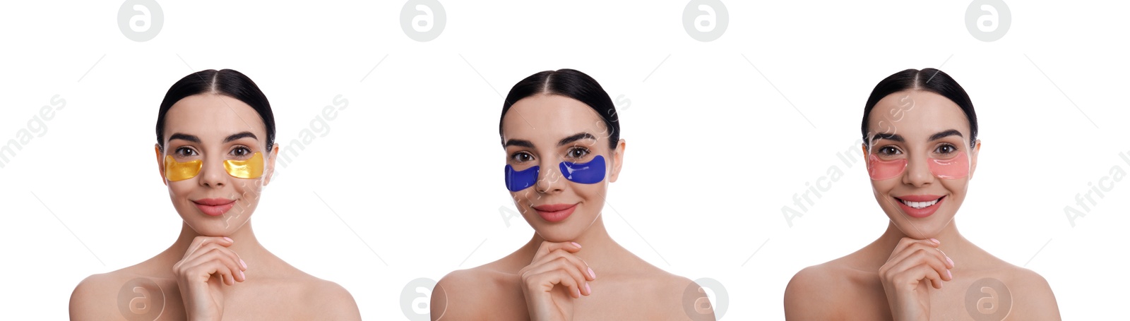 Image of Collage of beautiful woman with cosmetic under eye patches on white background. Banner design