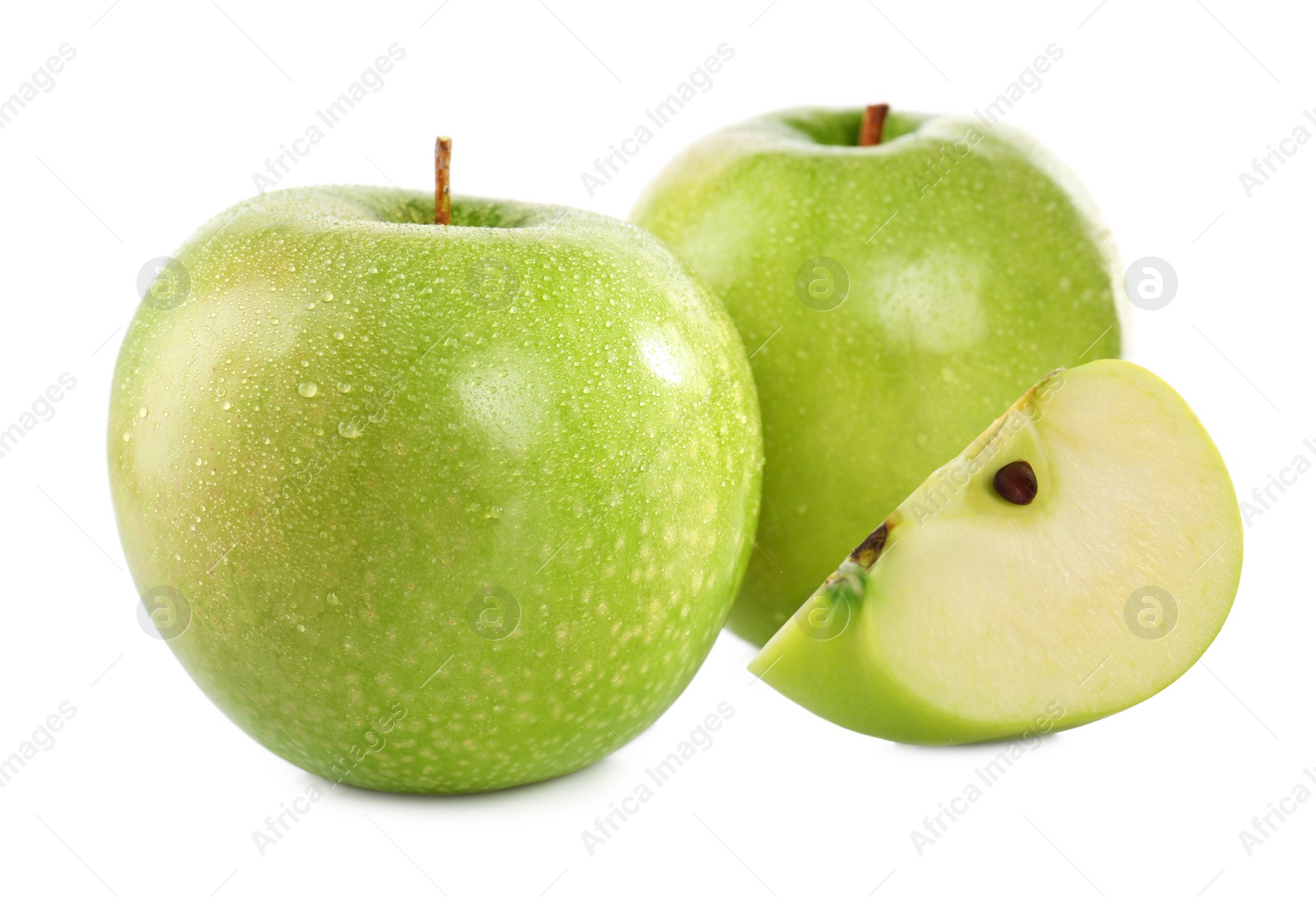 Image of Cut and whole green apples on white background