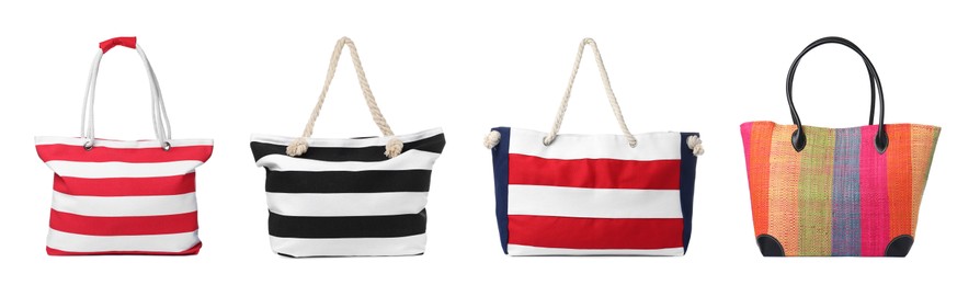Image of Set with different stylish beach bags on white background. Banner design