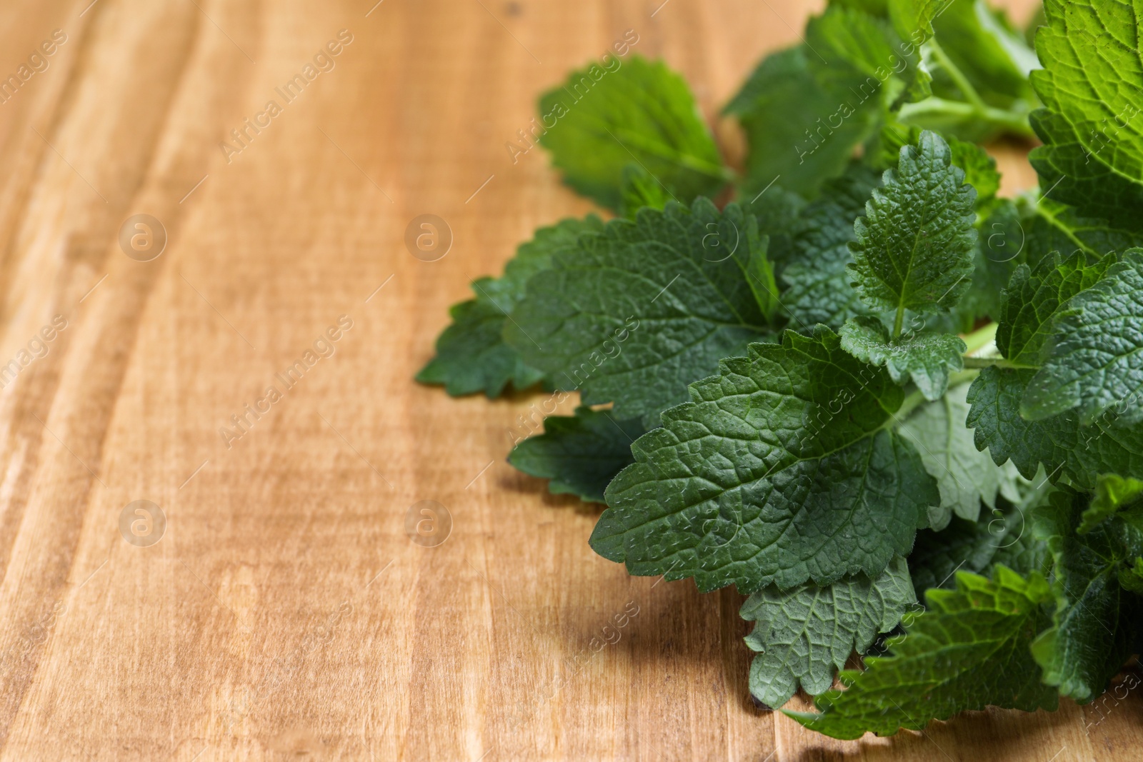 Photo of Fresh lemon balm on wooden table, closeup. Space for text