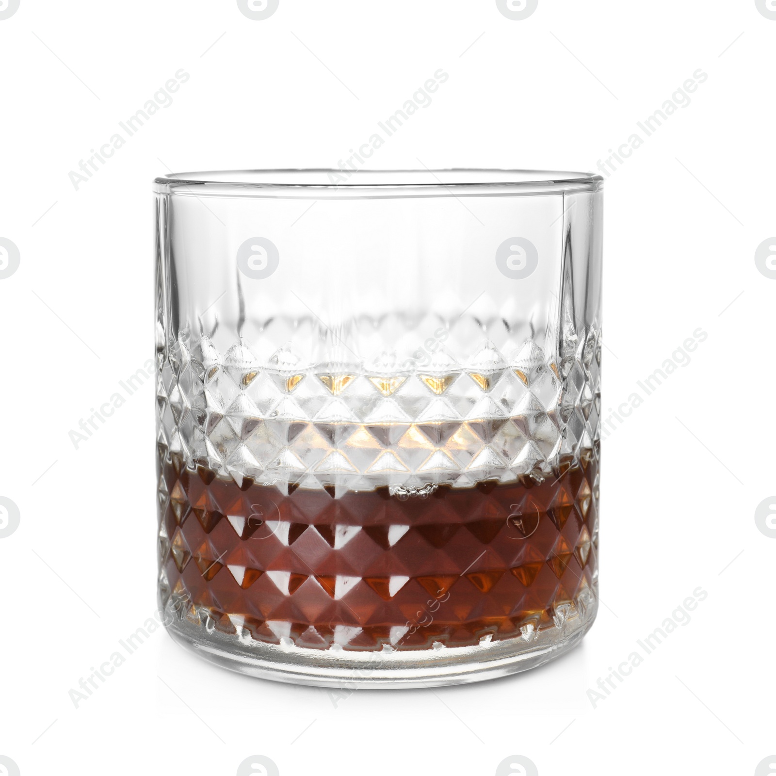 Photo of Glass of scotch whiskey on white background