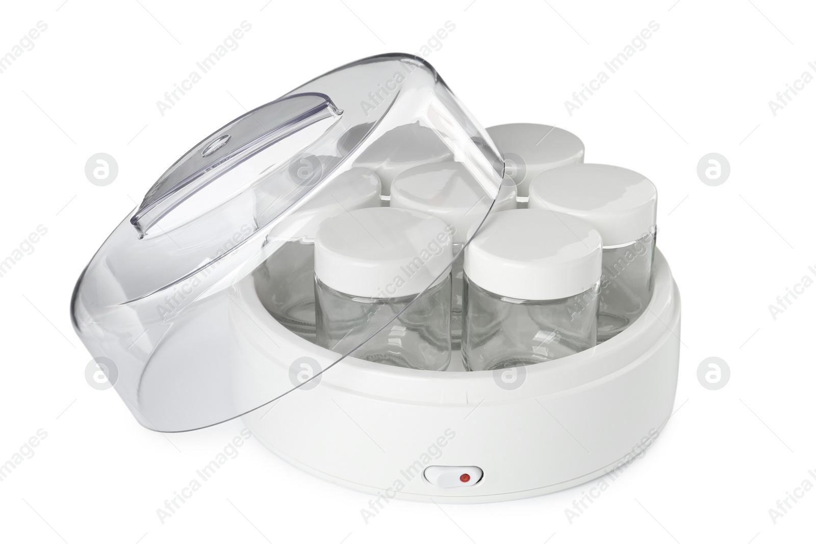 Photo of Modern yogurt maker with empty jars on white background