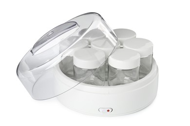 Modern yogurt maker with empty jars on white background