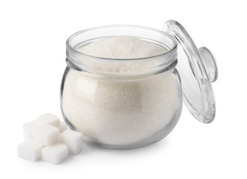 Photo of Granulated and refined sugar with jar on white background