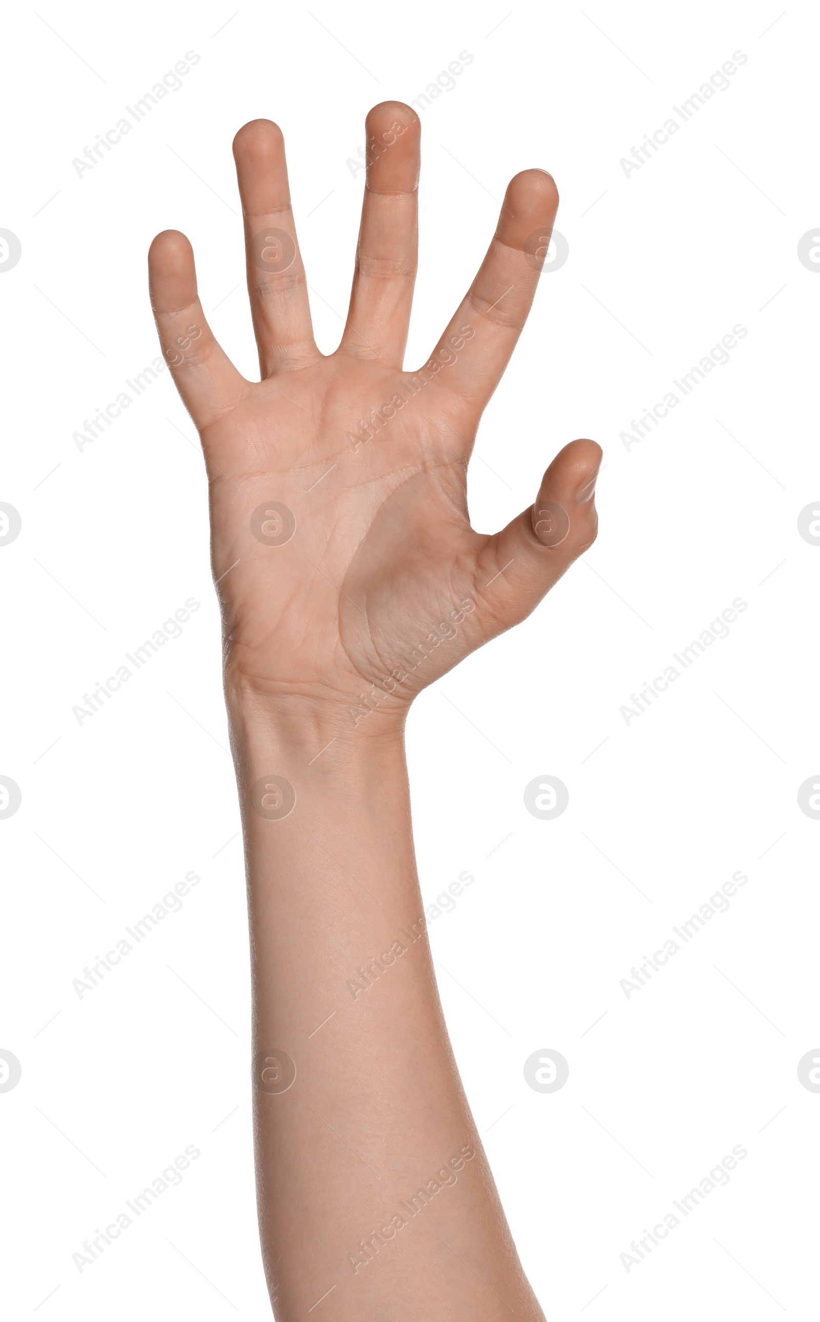 Photo of Woman gesturing on white background, closeup of hand