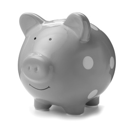 Photo of Gray piggy bank on white background. Money saving