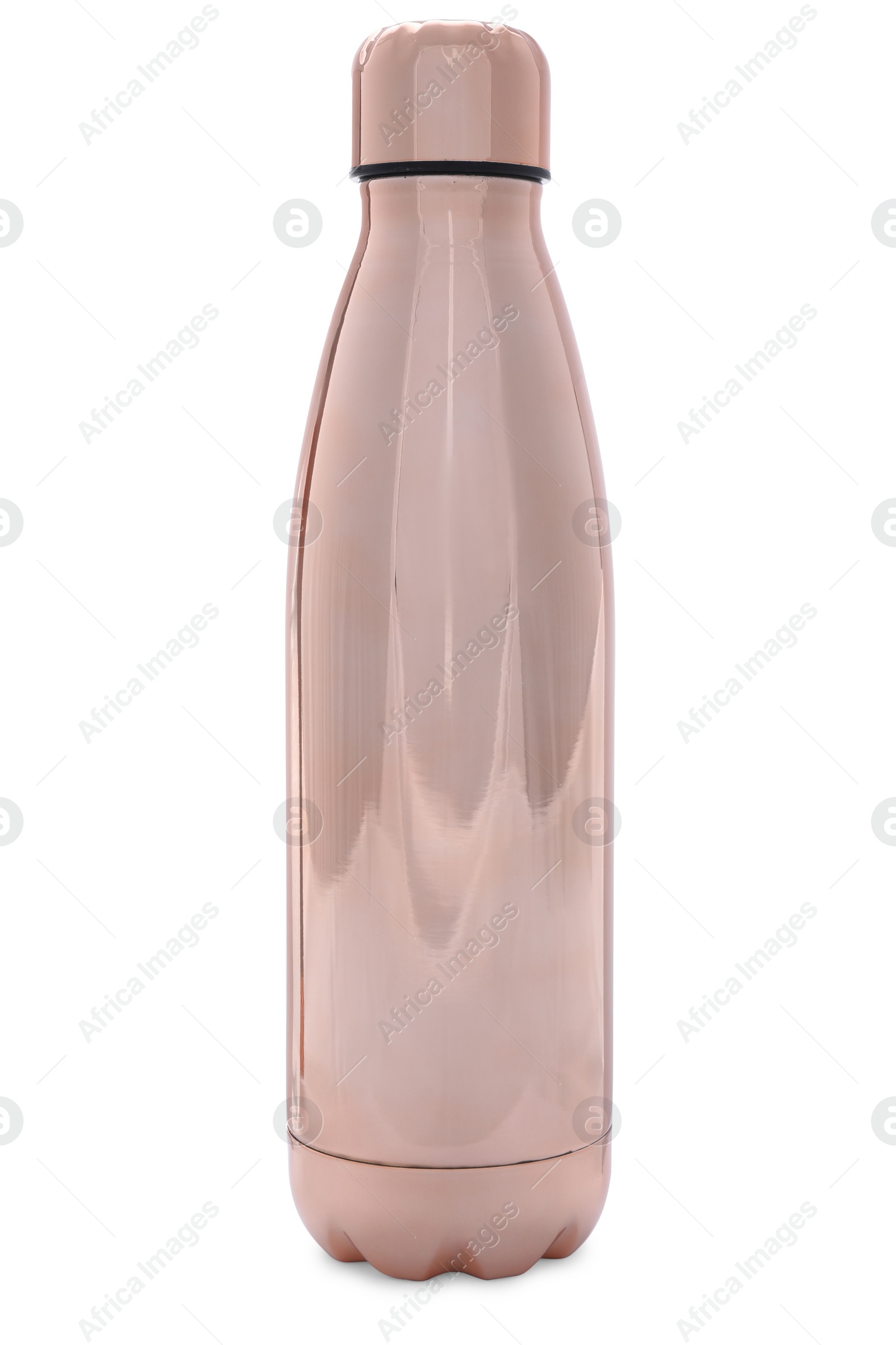 Photo of Stylish shiny thermo bottle isolated on white