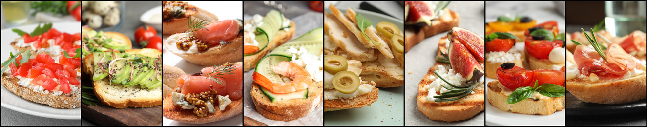 Image of Collage of different tasty bruschettas. Banner design 