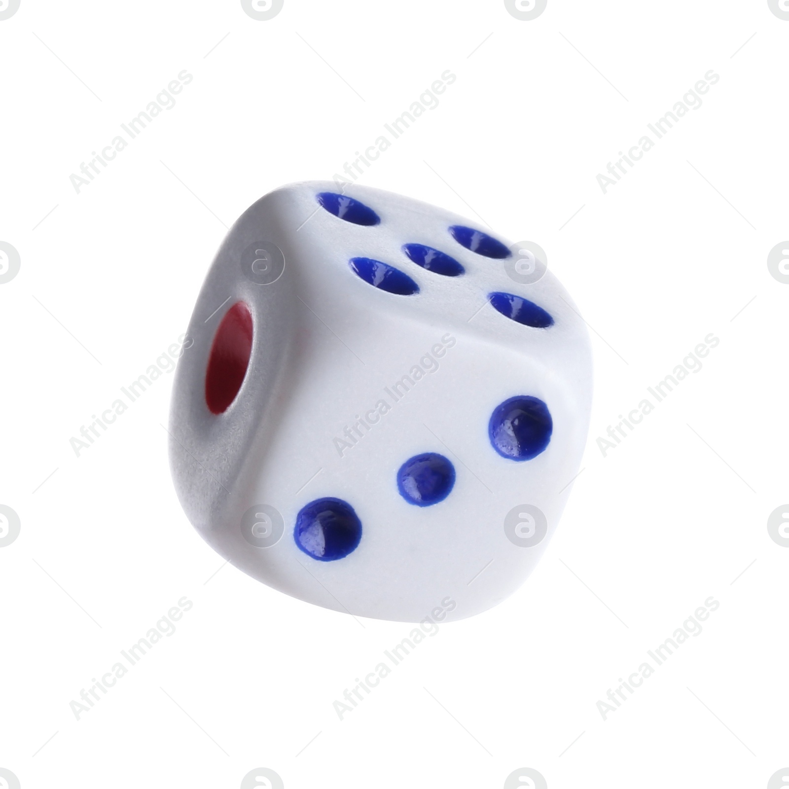 Photo of One plastic game dice isolated on white