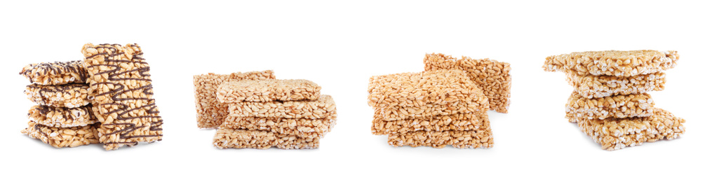 Image of Set of delicious rice crispy treats on white background