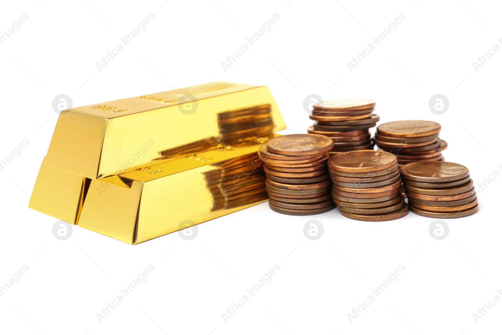 Photo of Gold bars and coins on white background