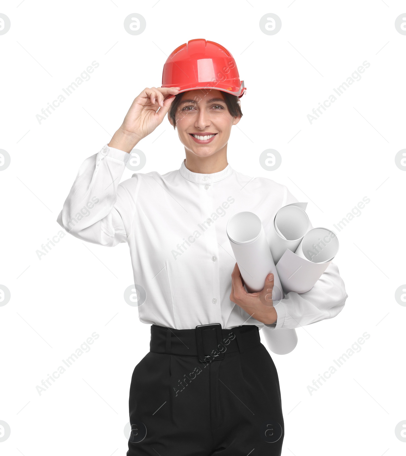 Photo of Architect with hard hat and drafts on white background