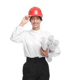 Architect with hard hat and drafts on white background