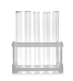 Photo of Empty test tubes on white background. Laboratory equipment