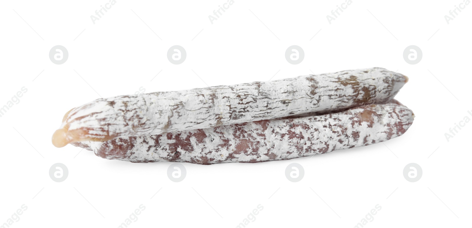 Photo of Tasty sausages on white background. Meat product