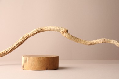 Photo of Presentation for product. Wooden podium and tree branch on beige background